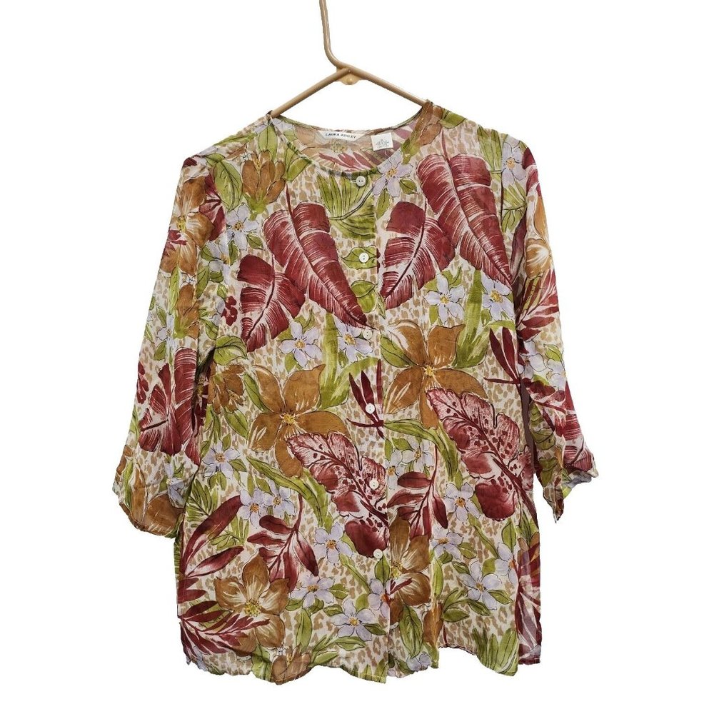 Laura Ashley Womens Floral Silk Blouse Size Small Green Red Sheer Button Up Top